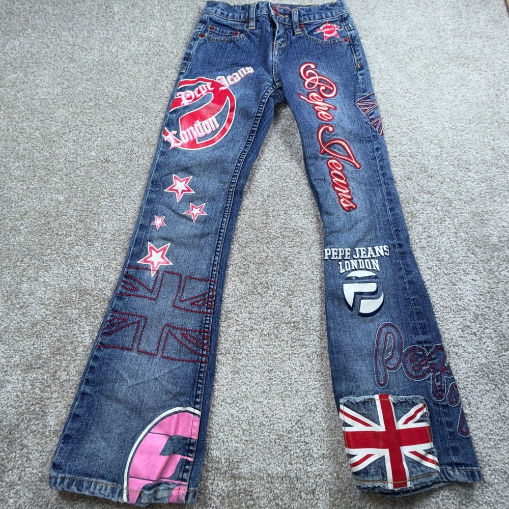 Pepe Jeans London Kids Blue Flared Graphic Patchwork Union Jack Jeans 73 Babe